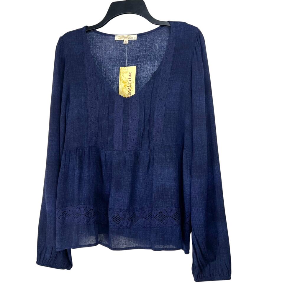 NWT Rewind Women's Size L Washed Navy Long Sleeve Lace Detail Peasant Blouse